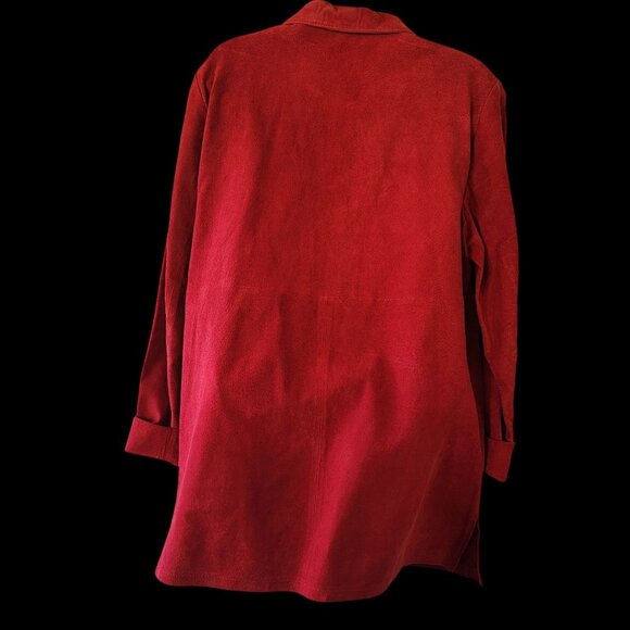 Vintage Red Suede/Leather Button-Front Women's Coat With Folded Collar & Cuffs - Picture 2 of 16